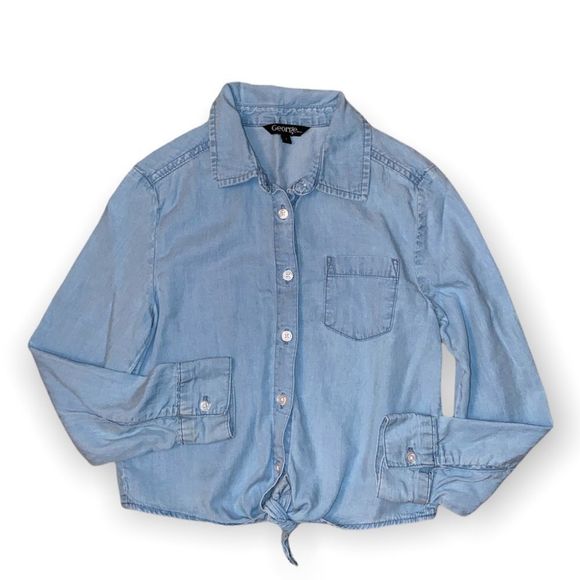 🌺 GEORGE Chambray Button Down Tie Knot Shirt - Picture 1 of 7